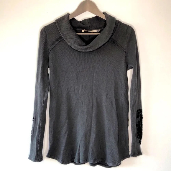 Soft Surroundings Gray Cowl Neck Waffle Knit Embroidered Grunge Y2K Thermal Sz S - Picture 11 of 11